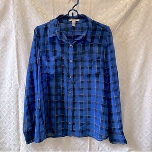Banana Republic Sheer Plaid Long Sleeve Button Down Blouse Large